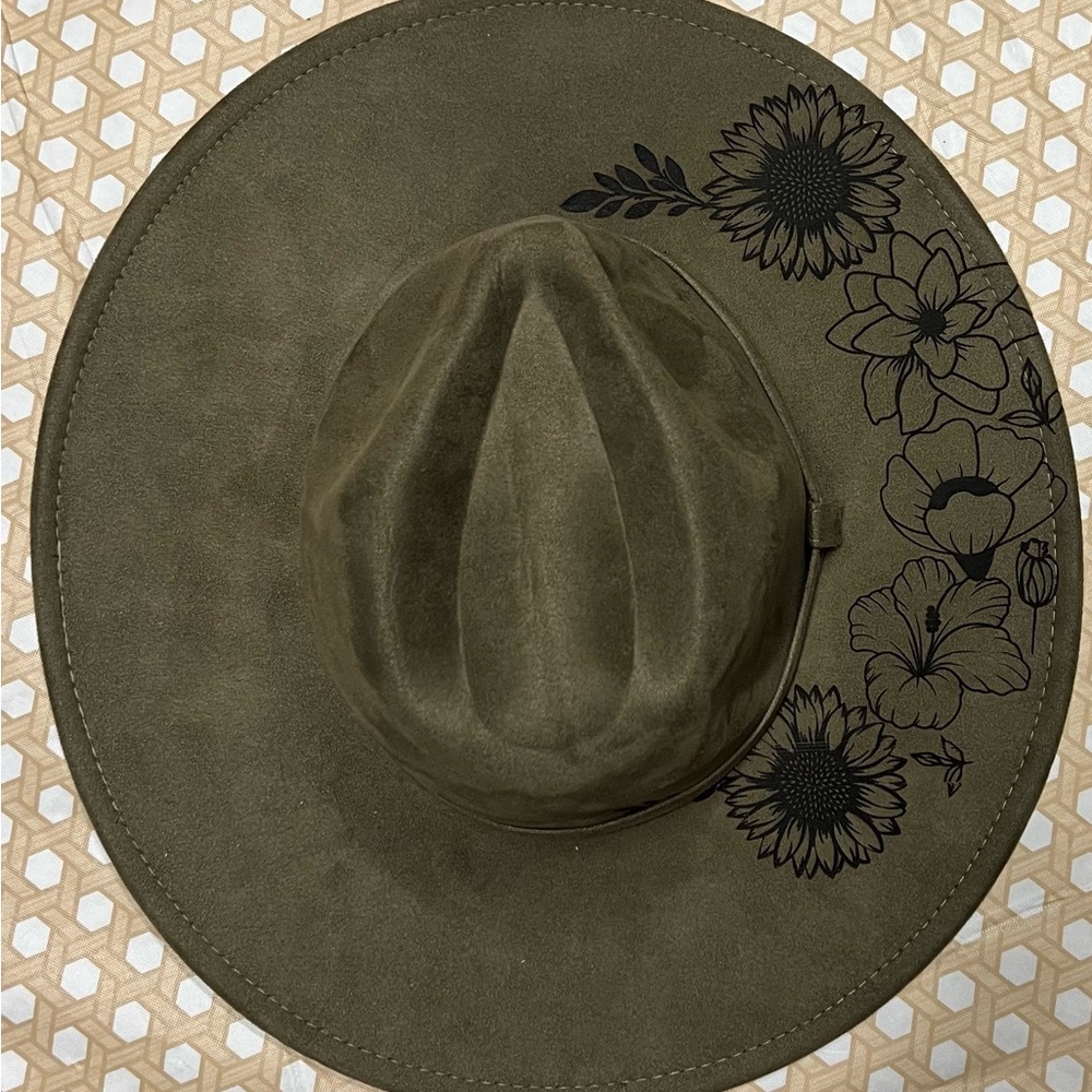 Olive Green Women's Hat with Floral design engraved by me.